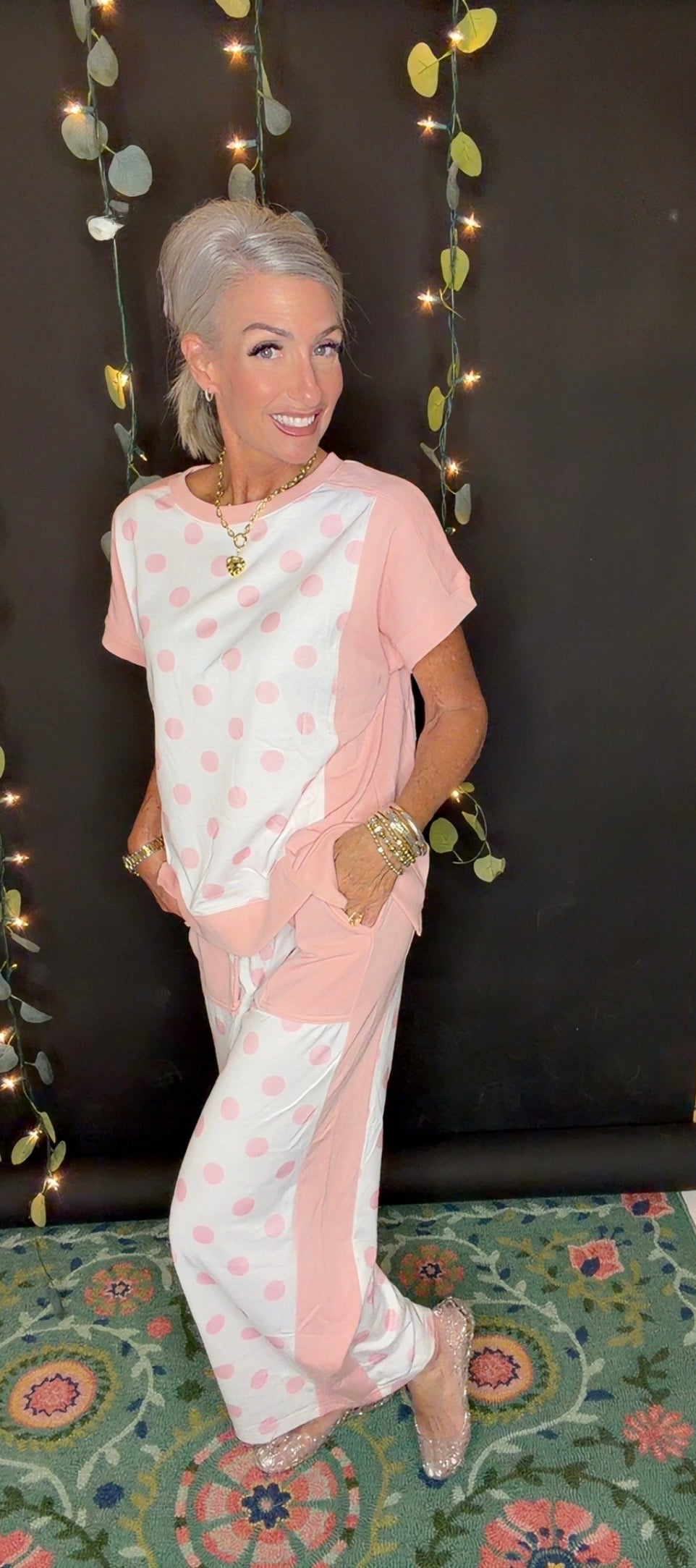 Colorblock Polka Dot Top Pocket Wide Leg Pant 2 PC Sets