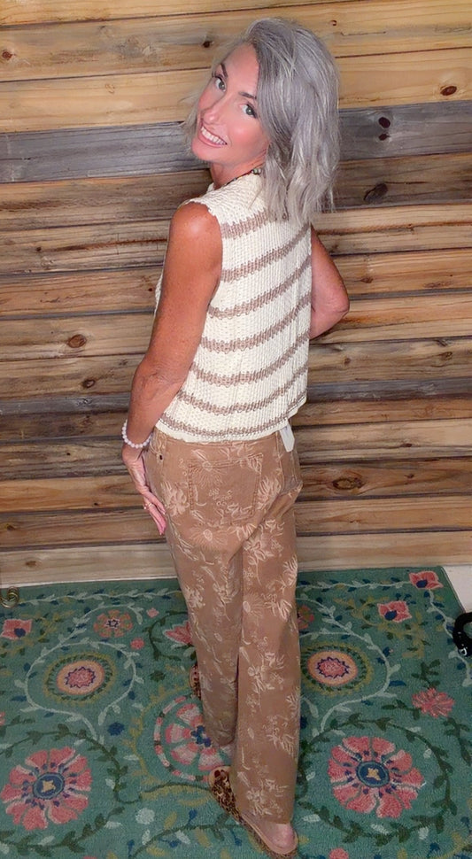 Floral Straight Leg Washed Denim Span Ankle Pants