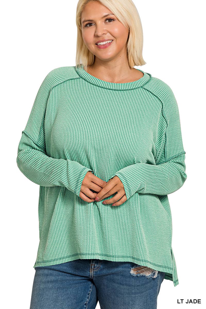 Plus Raised Rib Raw Edge Boat Neck Long Sleeve Top
