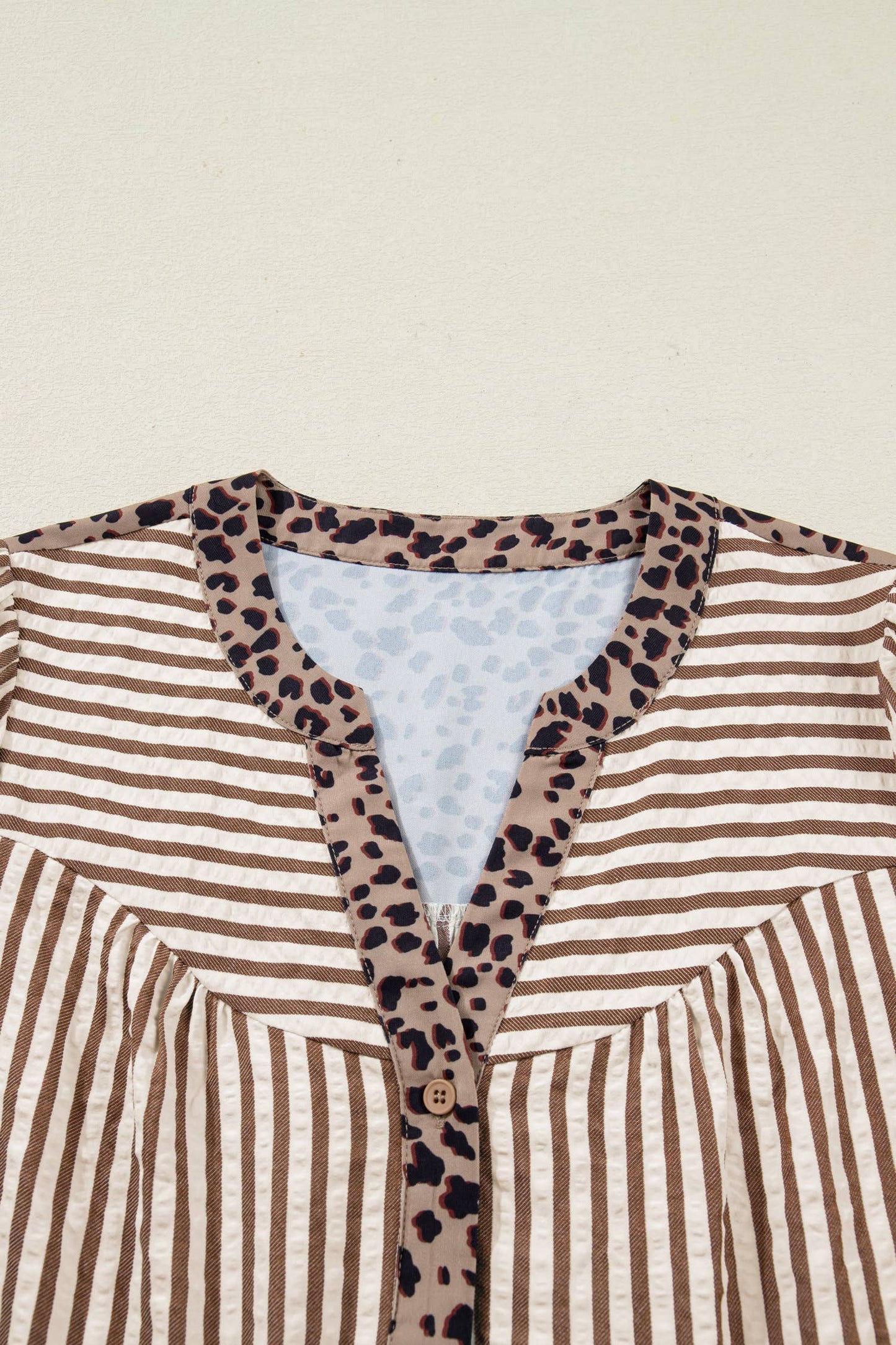 Leopard Trim Button Down Stripe Half Sleeve Shirt