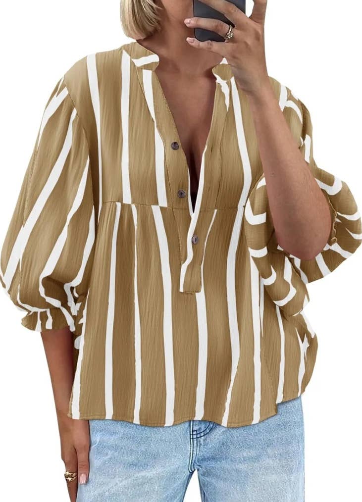 V-neck half sleeve blouse peplum top in contrast stripe