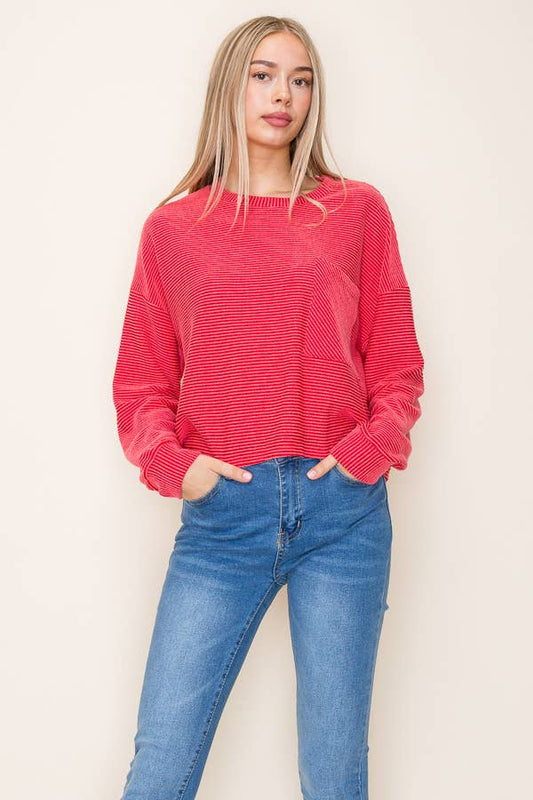 L/S RIBBED ROUND NECK TOP WITH POCKET