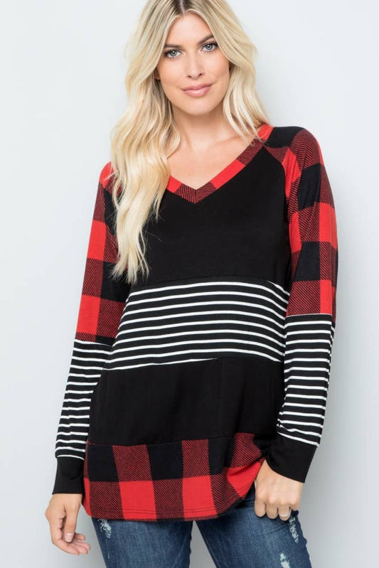 PLAID AND STRIPES LONG SLEEVE TOP -CT43658