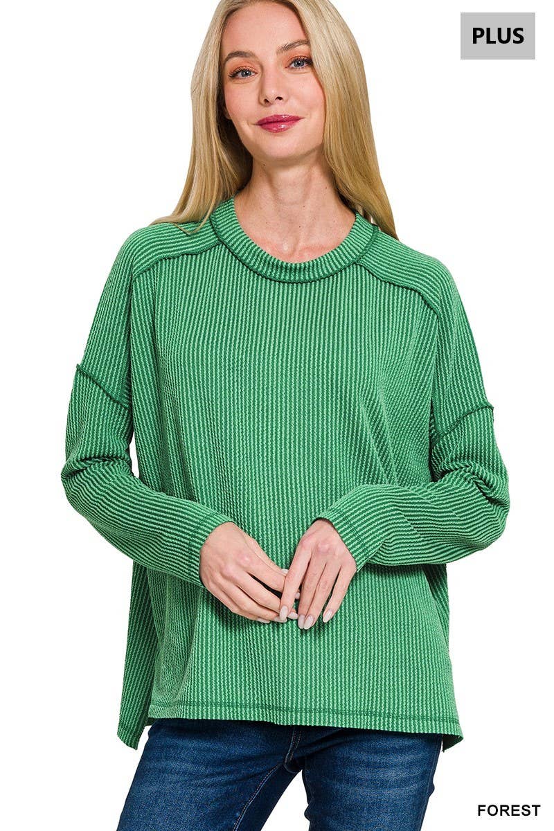 Plus Raised Rib Raw Edge Boat Neck Long Sleeve Top