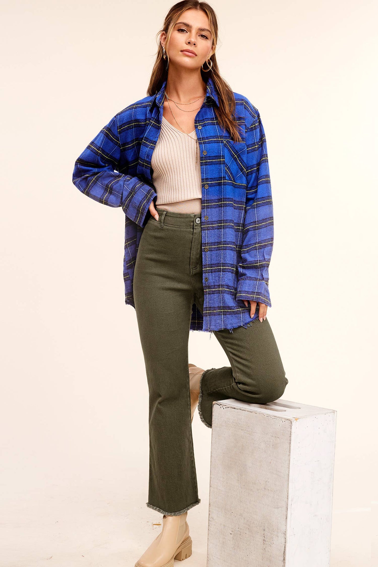 Soft Washed Stretchy High Waisted Flare Pants: Forest