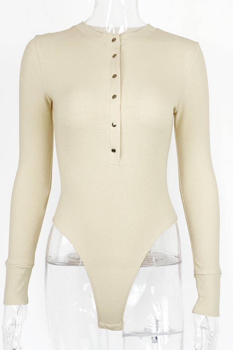 BUTTON CREW NECK RIBBED LONG SLEEVE BODYSUIT