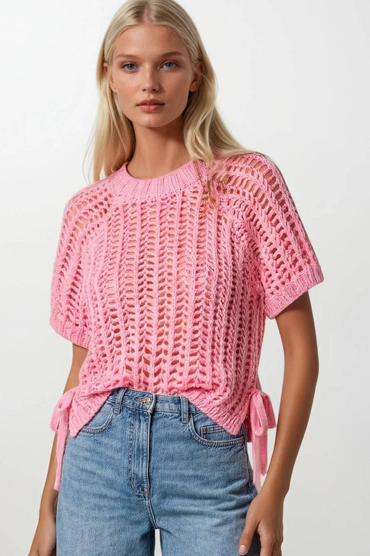 CHUNKY KNIT CROCHET SWEATER TOP WITH SIDE TIES