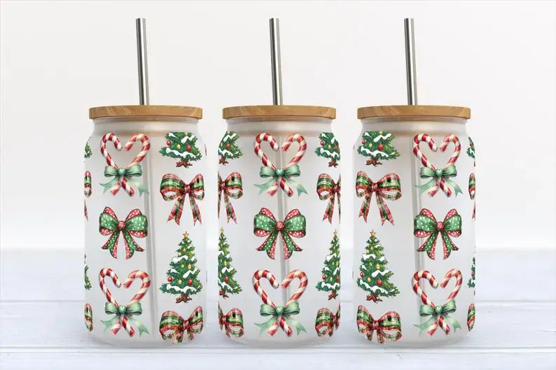 Candy Cane Bows Christmas Trees 16oz Frosted Glass Tumbler