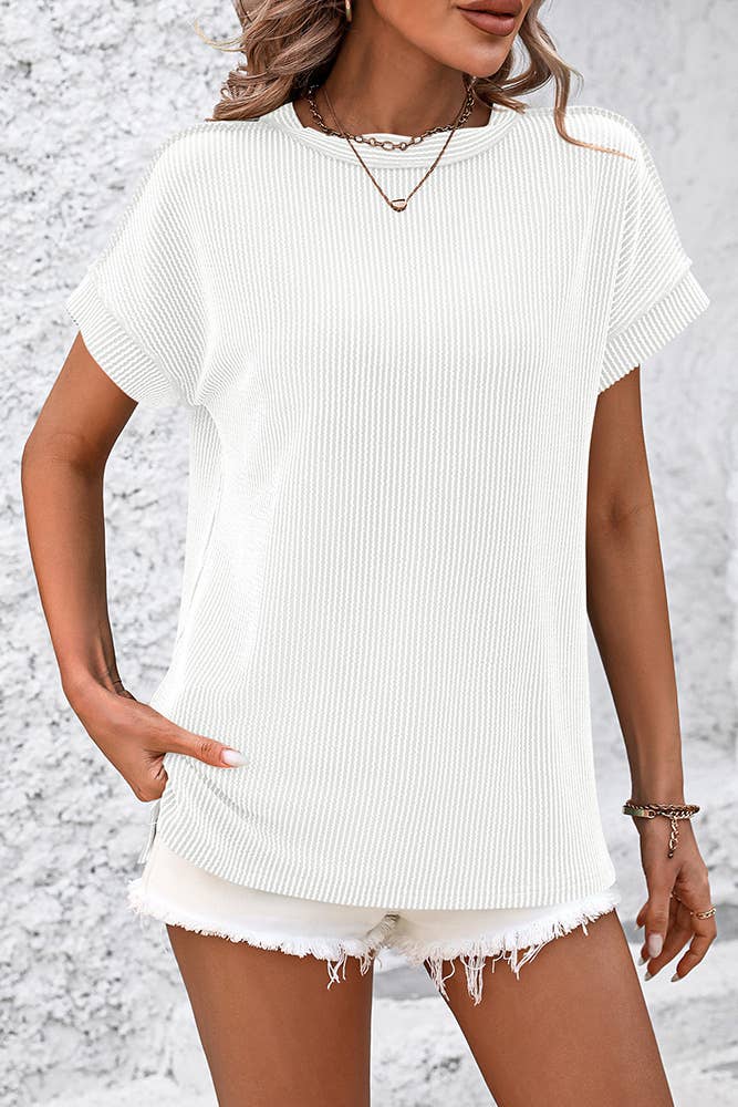 Ribbed Knitting Stitching Outside Round Neck Top MD121