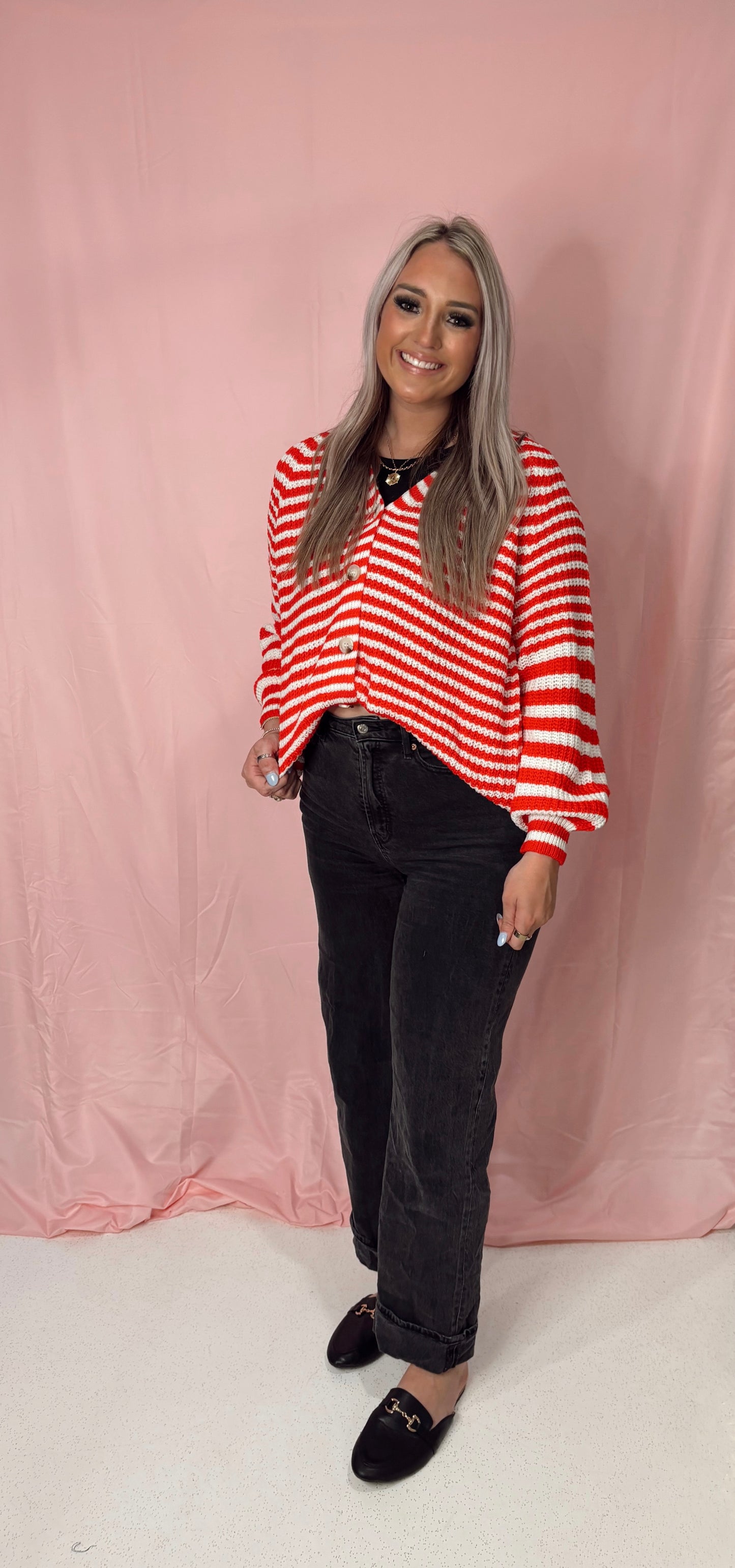 Single breasted loose striped cardigan knit coat