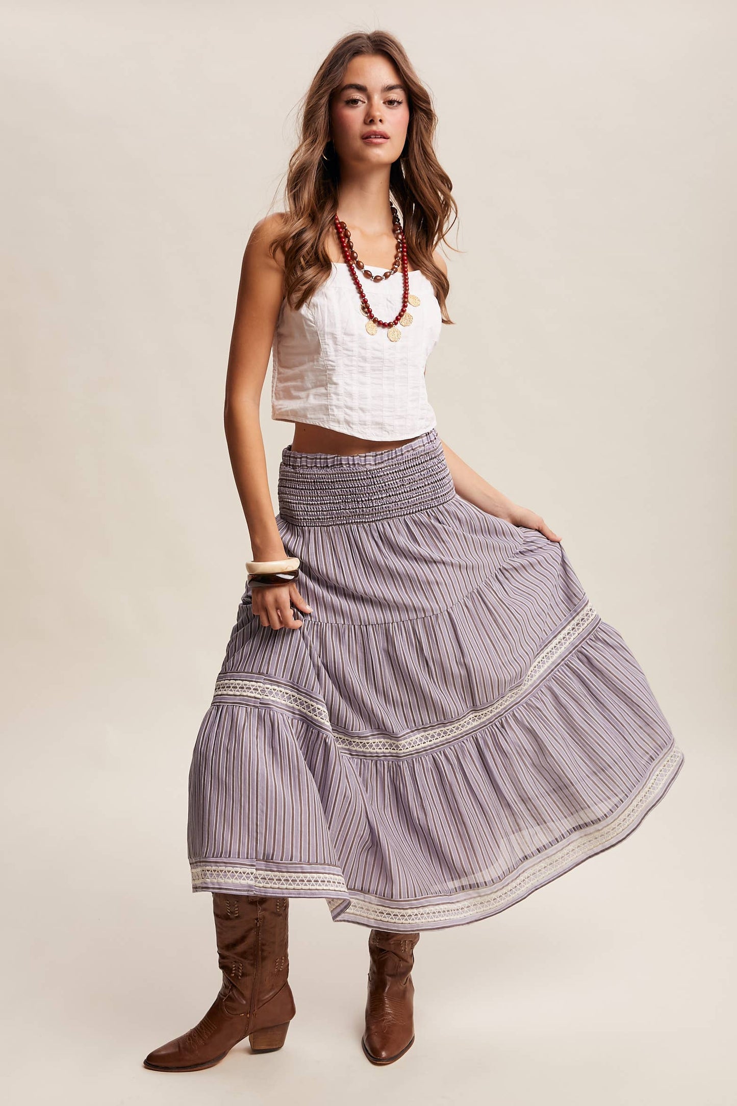 Striped Smocked Maxi Skirt with Embroidery Accents