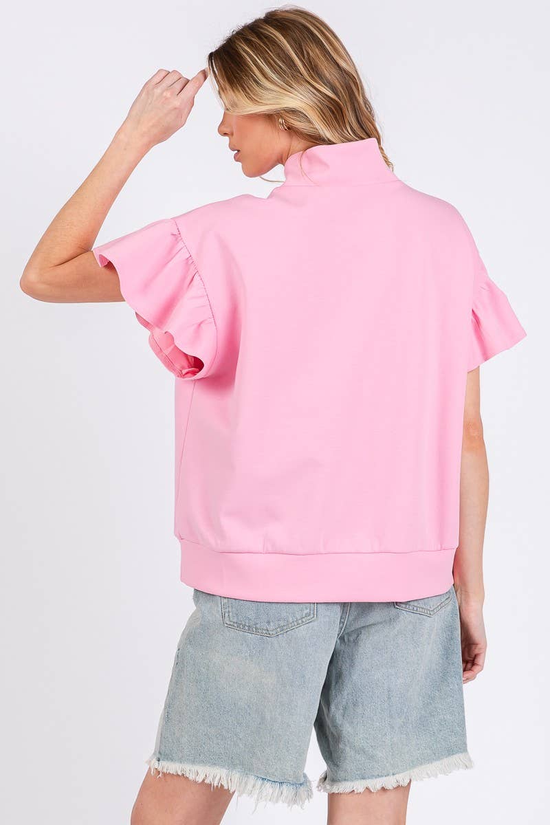 SCUBA HALF ZIP UP RUFFLE SLEEVE TOP