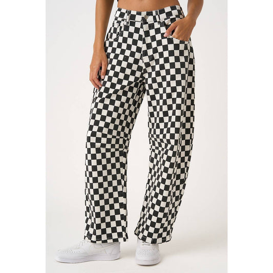 GAME DAY CHECKERED ELASTIC WAIST BARREL PANTS