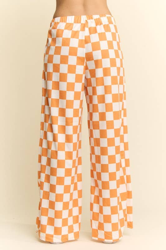 HIGH WAIST CHECKERED STRAIGHT LEG KNIT PANTS