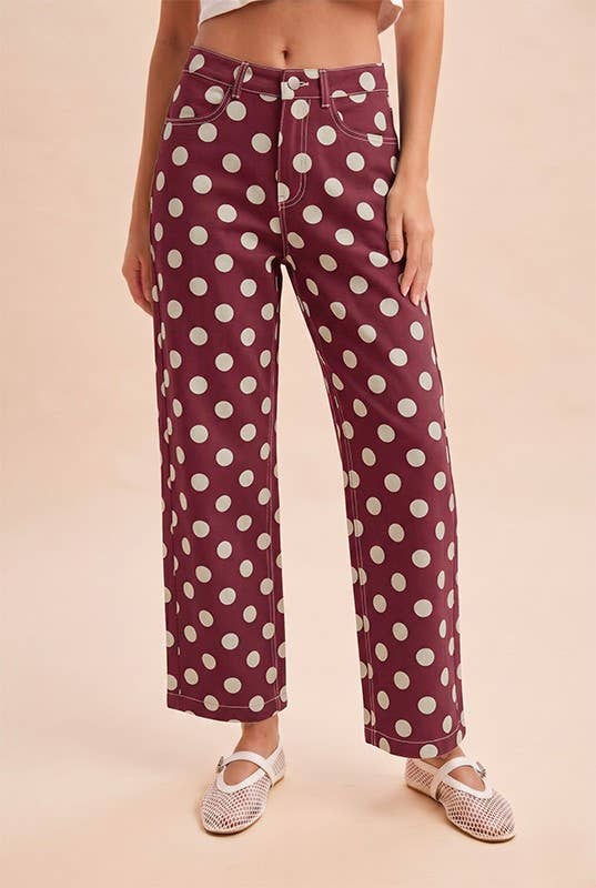 Polka Dot Print Cotton Twill Wide Straight Leg Pants