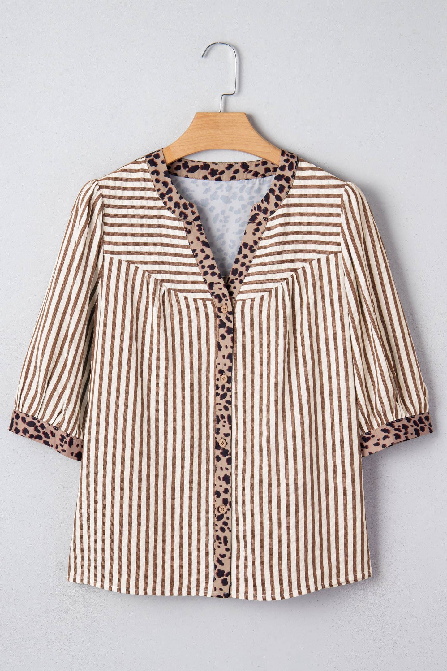 Leopard Trim Button Down Stripe Half Sleeve Shirt