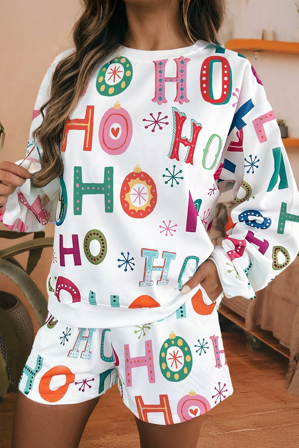 Ho Ho Ho Embellished Letter Graphic 2pcs Lounge Set