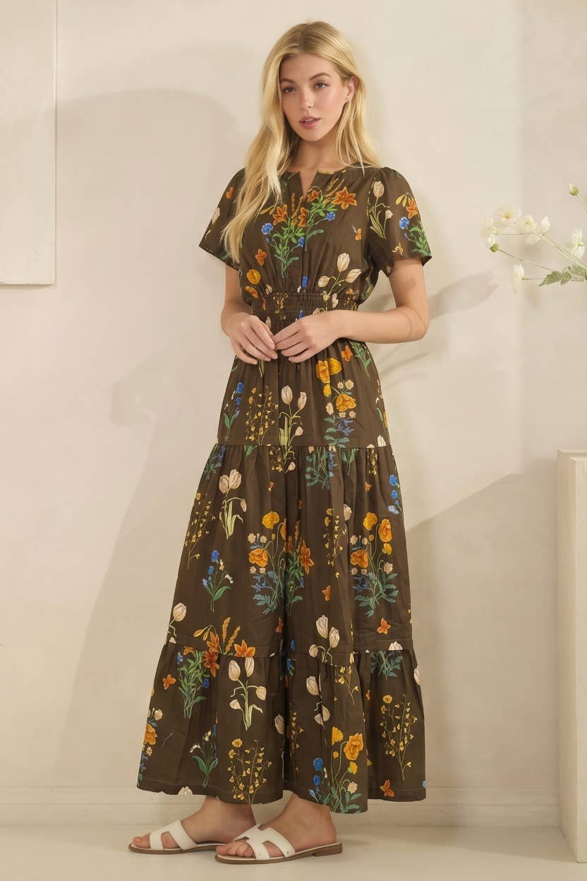 Floral Print Short Sleeve Tiered Maxi Dress