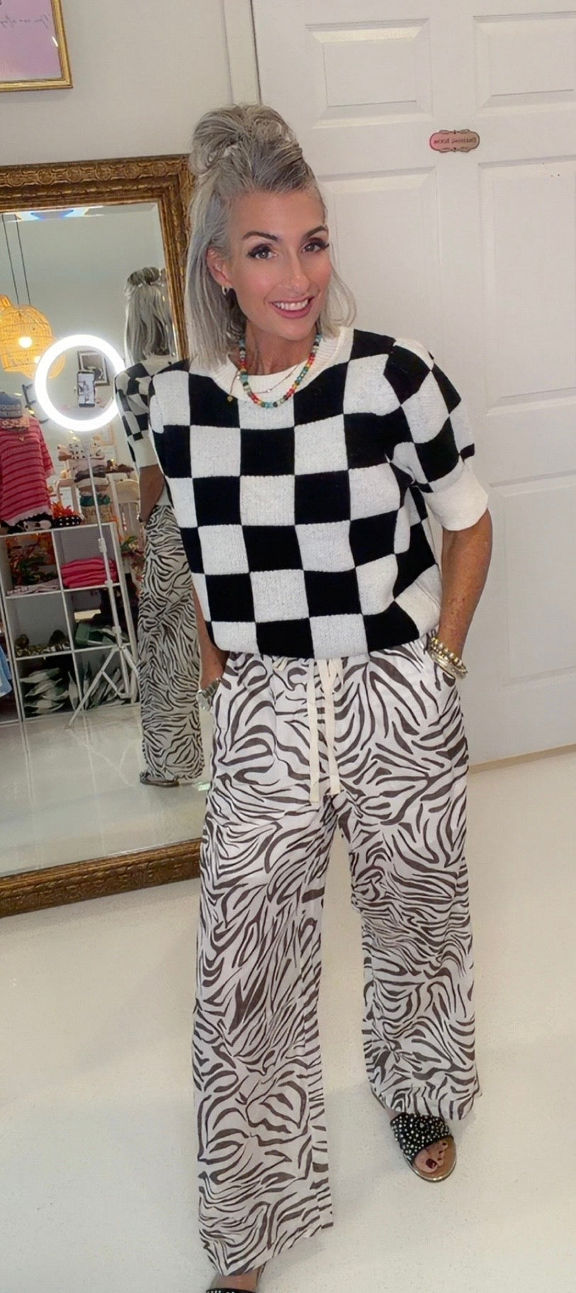 Gameday Theme Checker Patterned Puff Sleeves Knit Top
