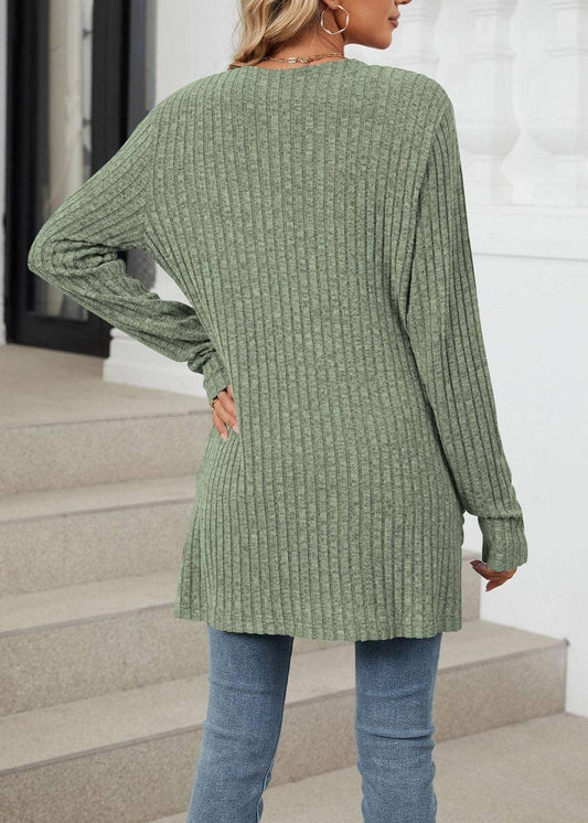 Solid Color Pocket Long Sleeved Cardigan Knitted Sweater
