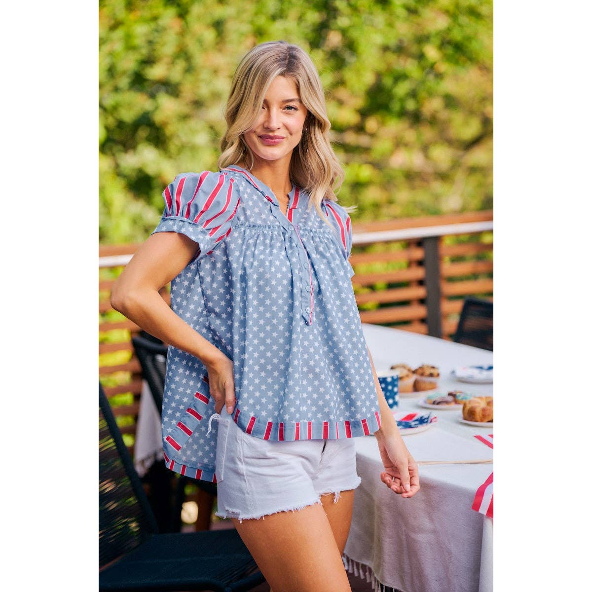 4TH OF JULY STRIPES AND STARS PUFF SLEEVES TOP