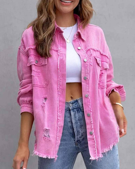 Raw hem pocket design denim coat