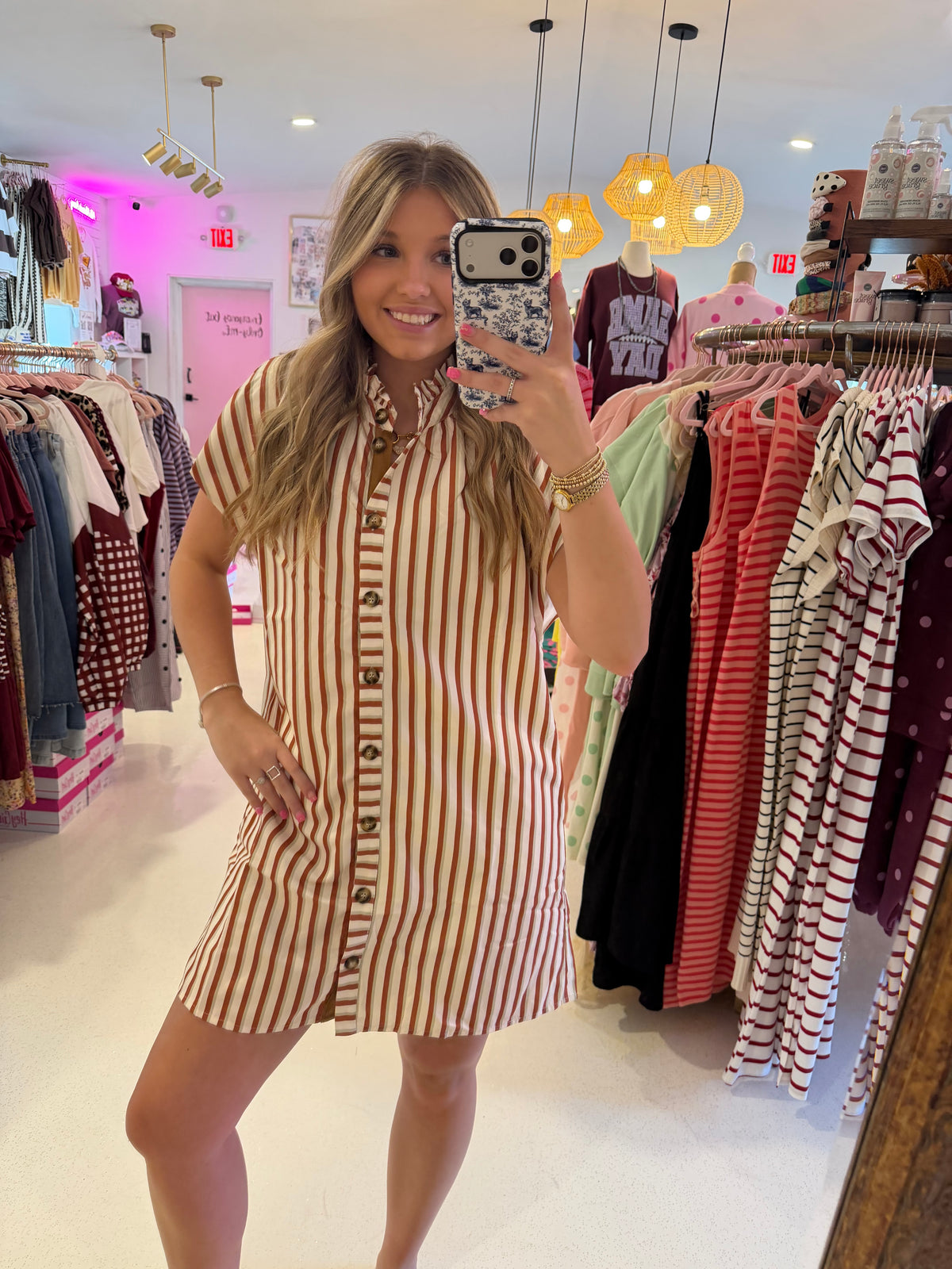 Striped Sleeveless Button-Front Mini Shirt Dress