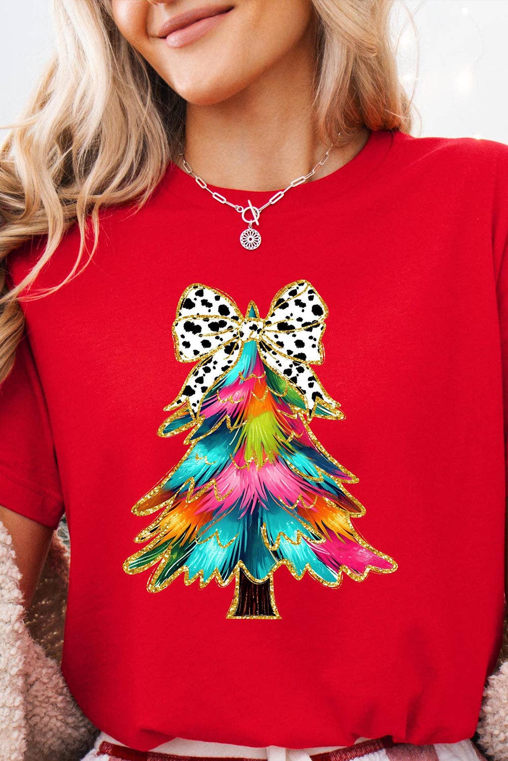 Red Christmas Tree Bow Graphic Holiday Casual T Shirt