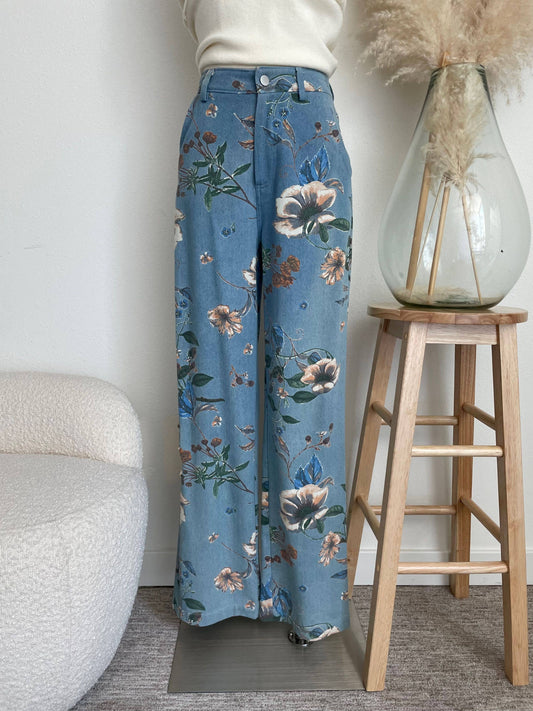 FLORAL PRINTED DENIM PANTS
