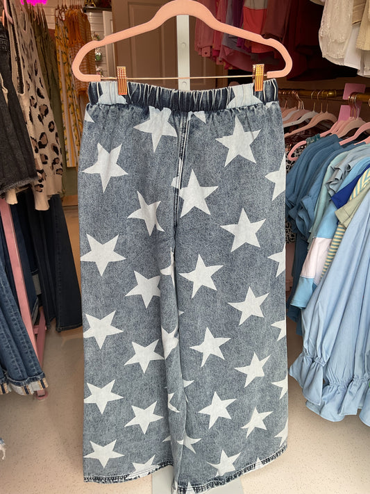 Star Print Drawstring Wide Leg Denim Pants