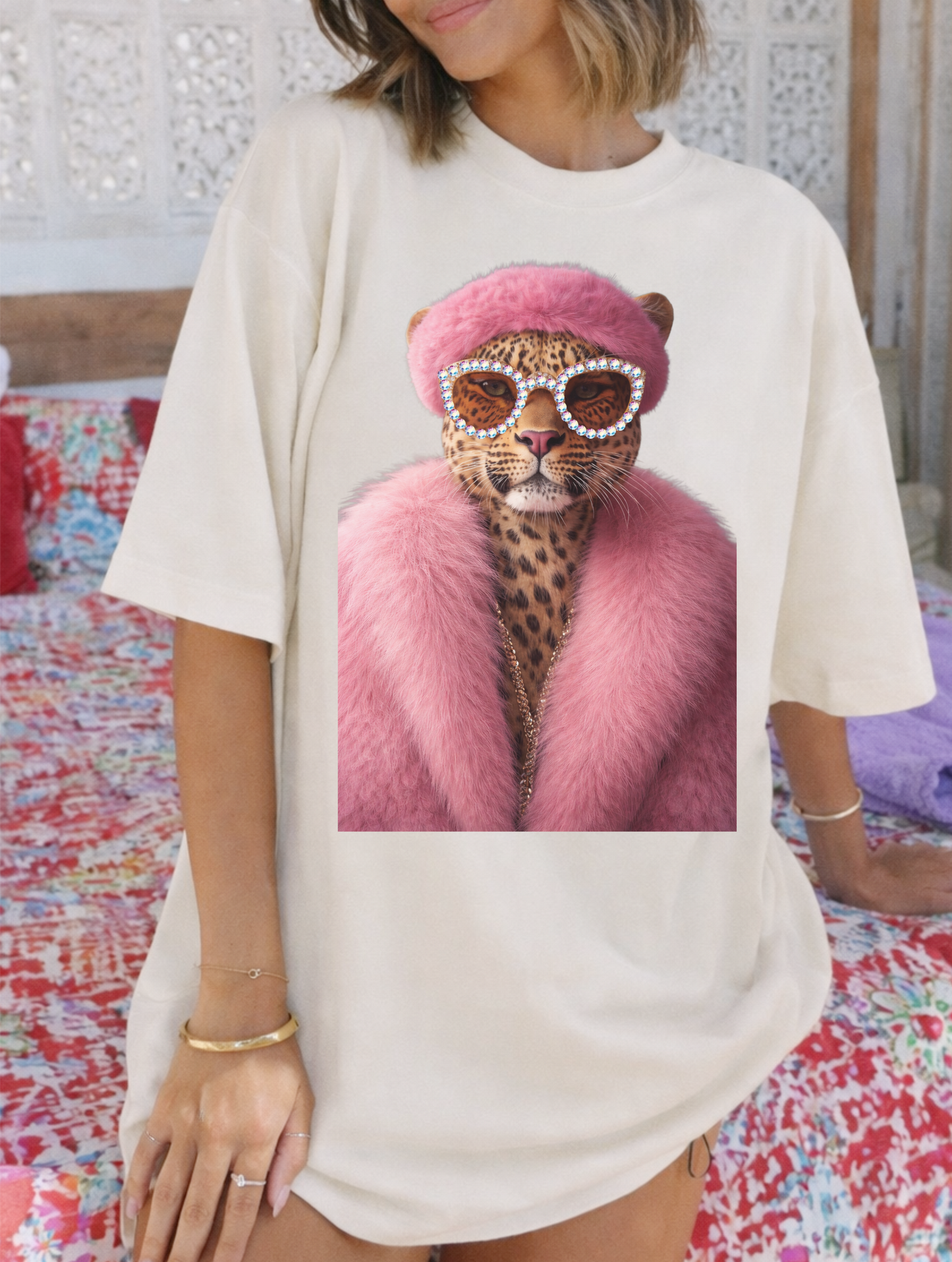 Pink Coat Leopard Cream Graphic Tee