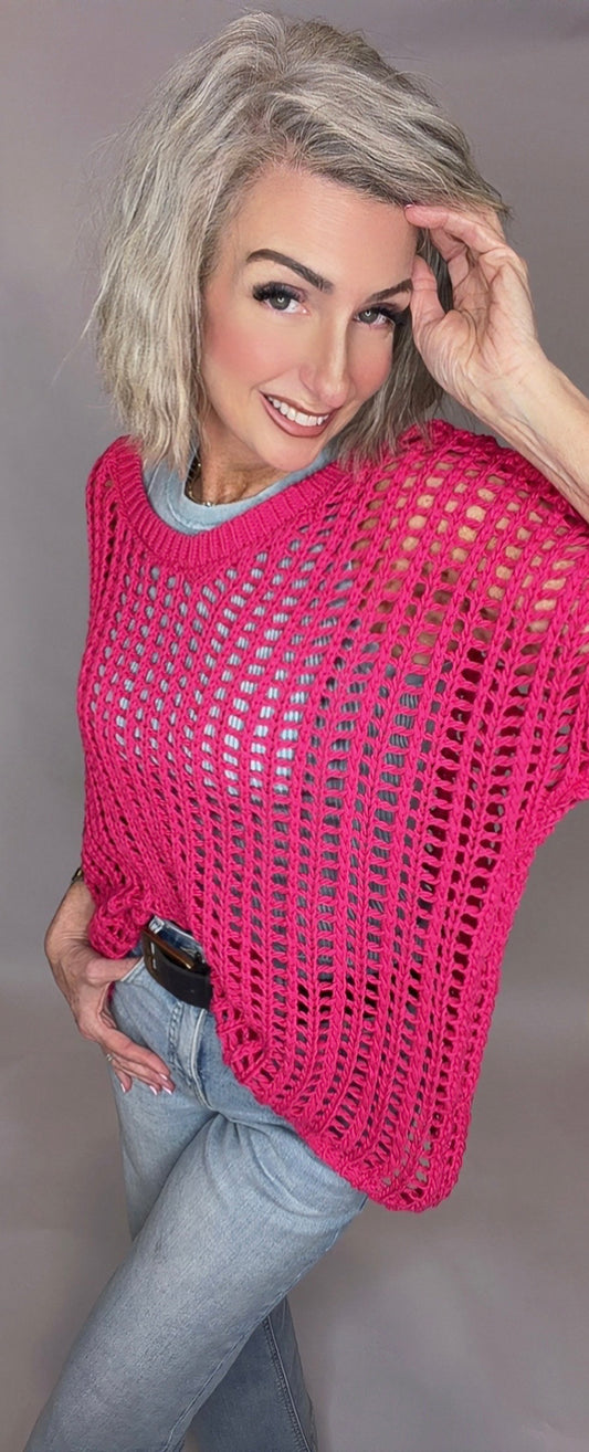 Fish Net Short Sleeve Crochet Sweater