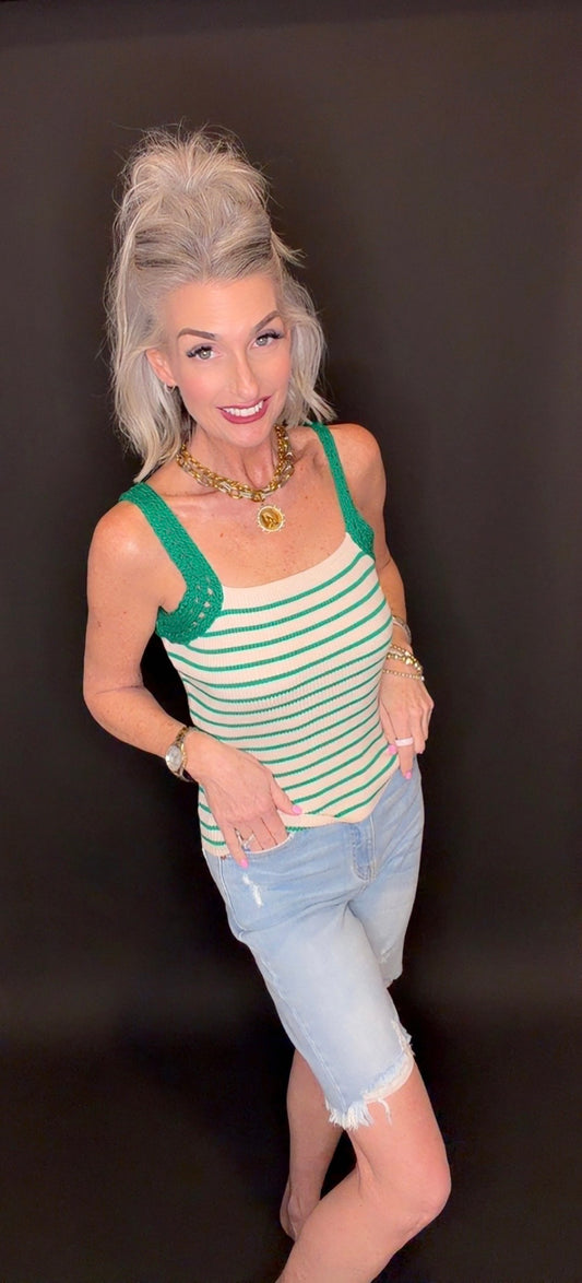 Versatile Crochet Sleeve Striped Knit Tank Top- look at all the styling