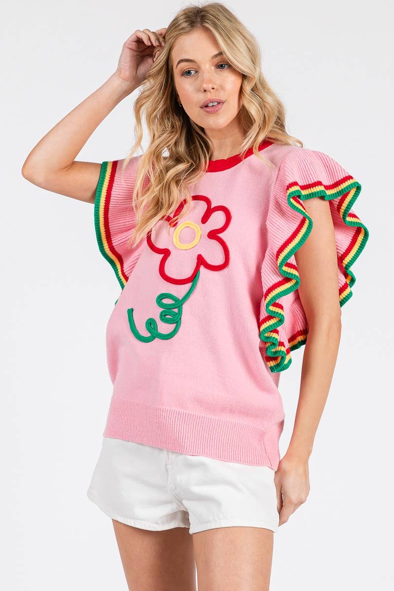 PINK FLORAL RUFFLE KNIT SWEATER TOP