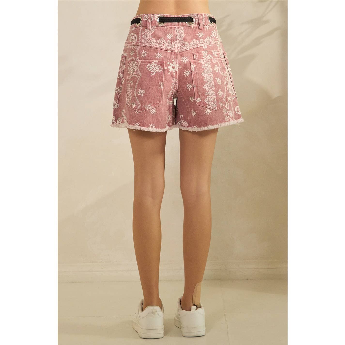 Printed Denim Shorts with Drawcord Waist Detail