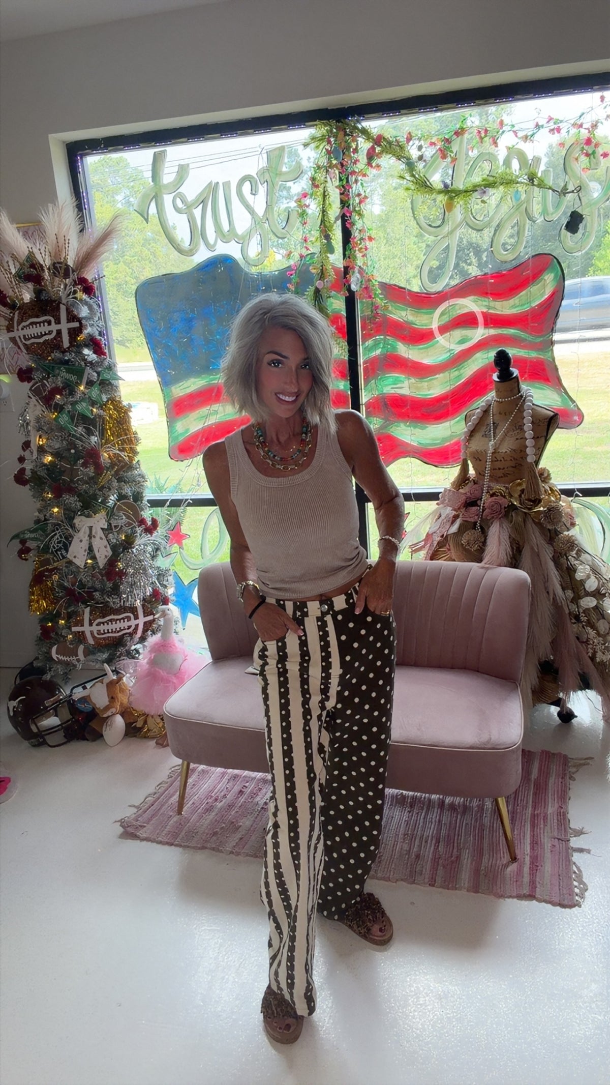 MIX DOT & STRIPE PANEL WIDE LEG PANTS