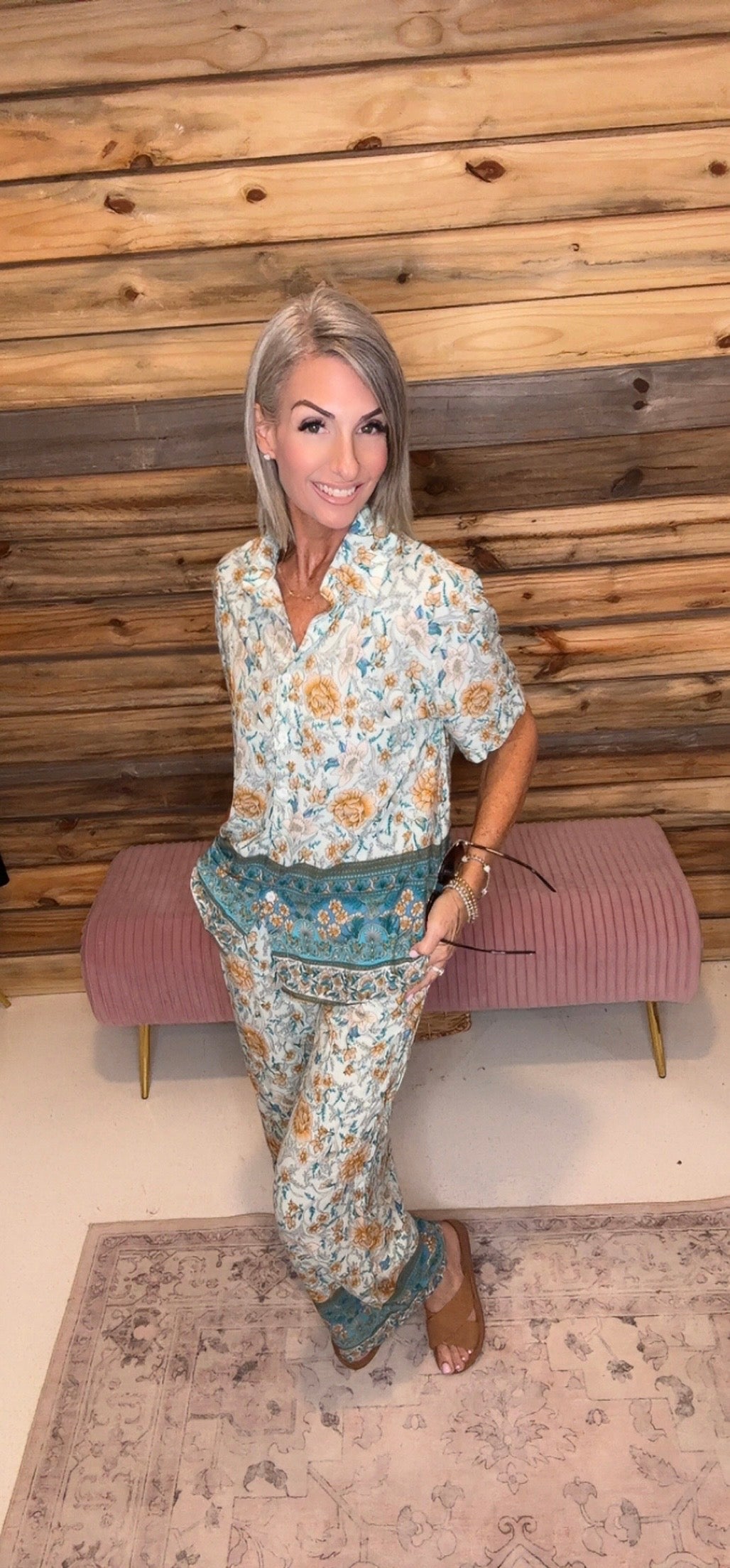 Two Pieces Button Down Boho Blouse Pant Sets