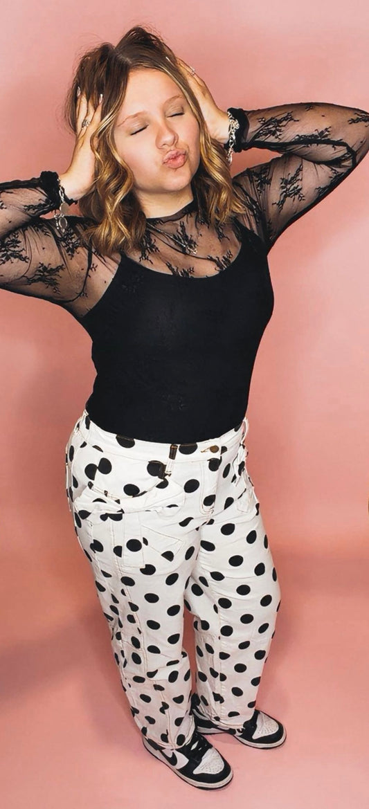 Polka Dot Print Bow Detail Pocketed Denim Pants