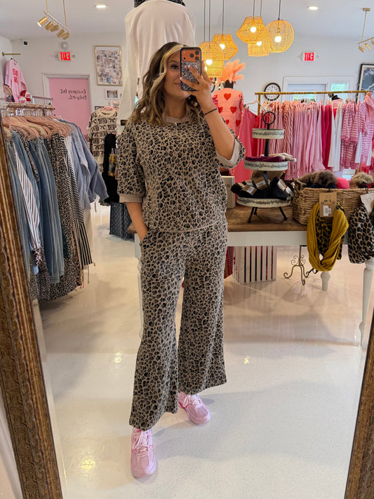 Spring Western Leopard Patchwork Pullover Wide Leg Pant Set