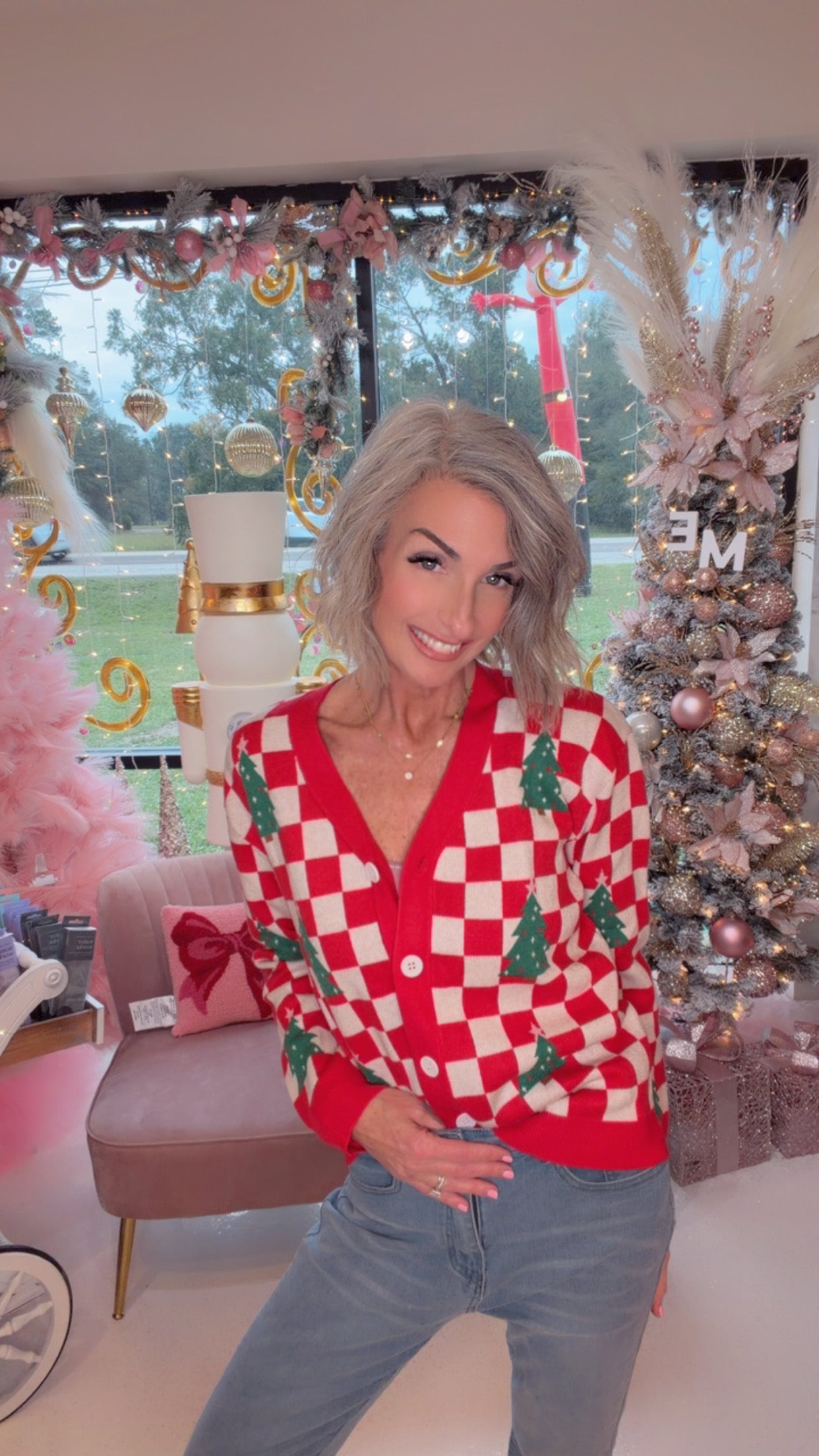 Red Checkered Christmas Tree Pattern Button V Neck Cardigan Sweater