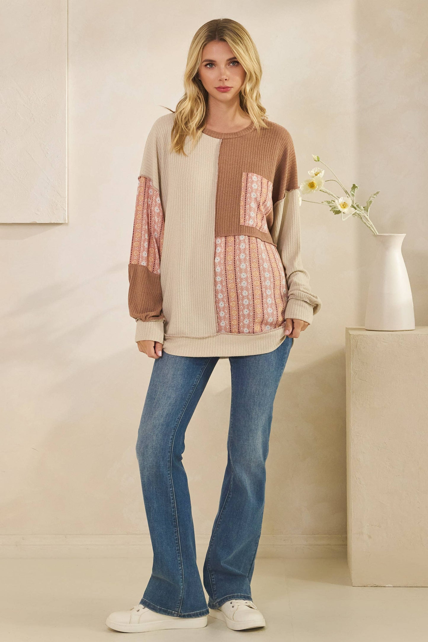 Color Block Floral Patchwork Pullover Top