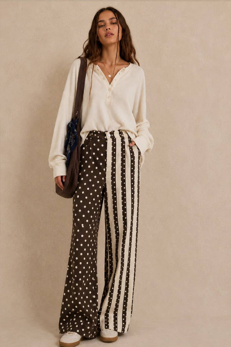 MIX DOT & STRIPE PANEL WIDE LEG PANTS