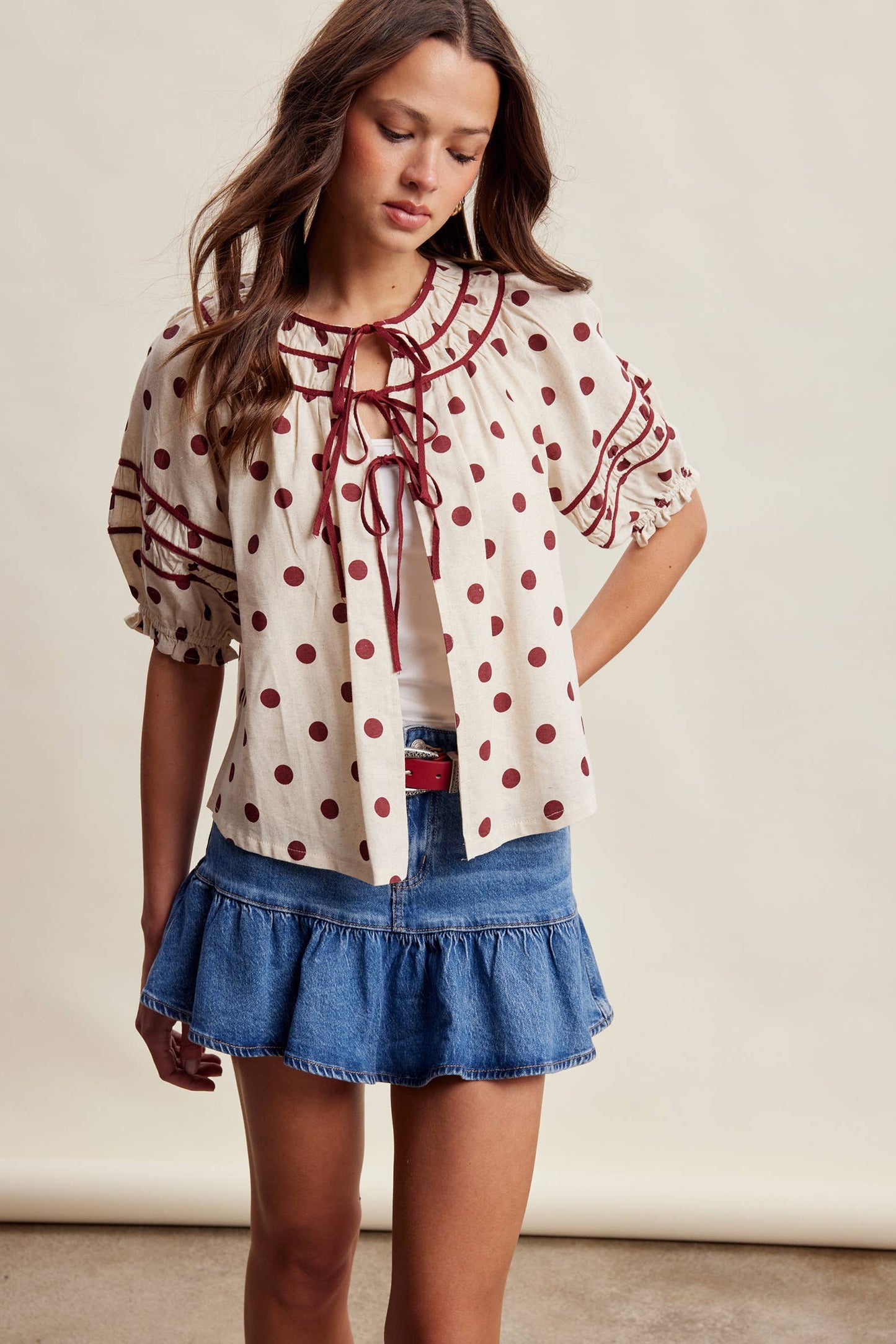 Polka Dot Ruffle Trim Blouse LT1456