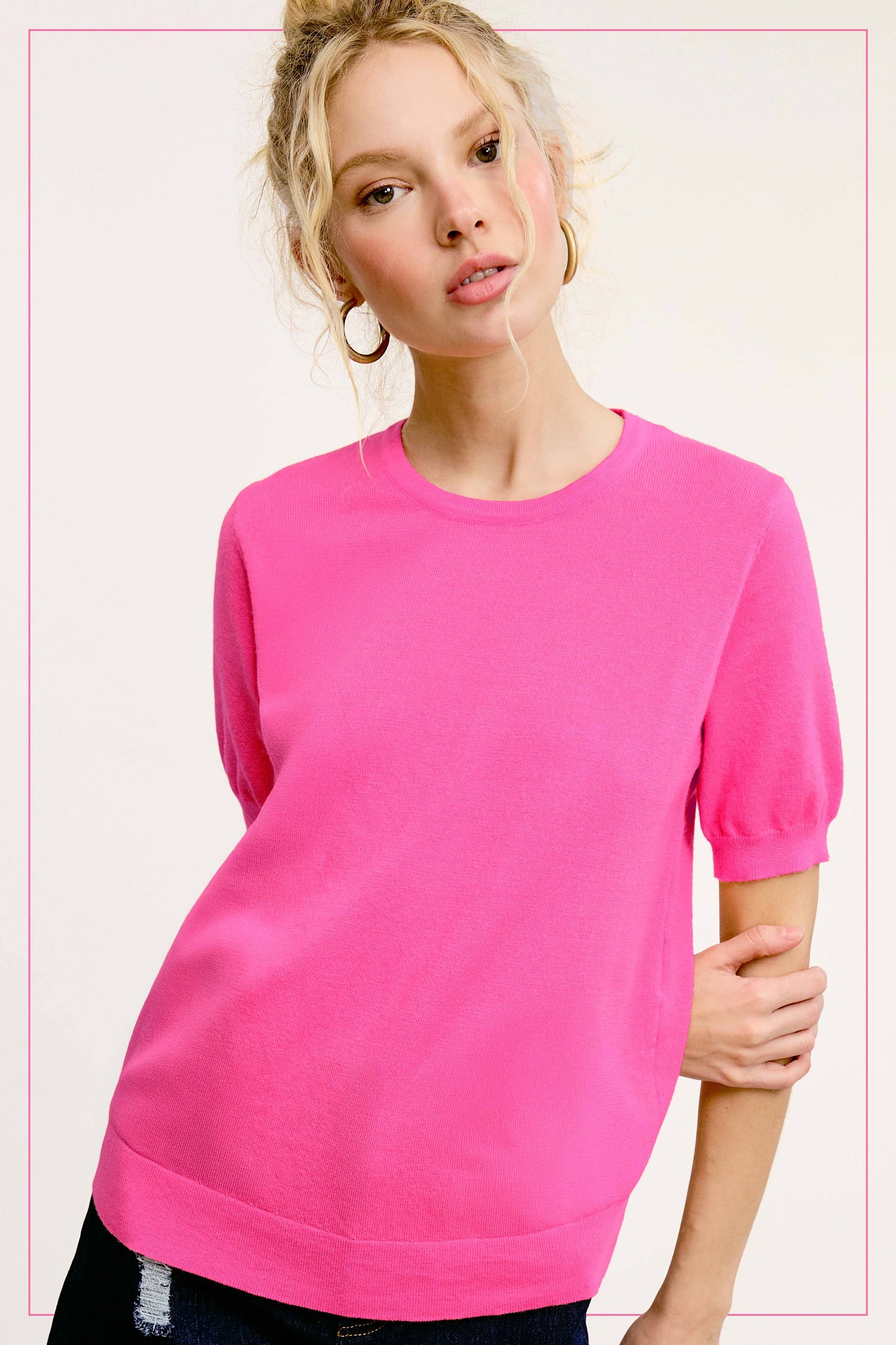 Soft Short Puffy Sleeve Basic Stretchy Knit Top