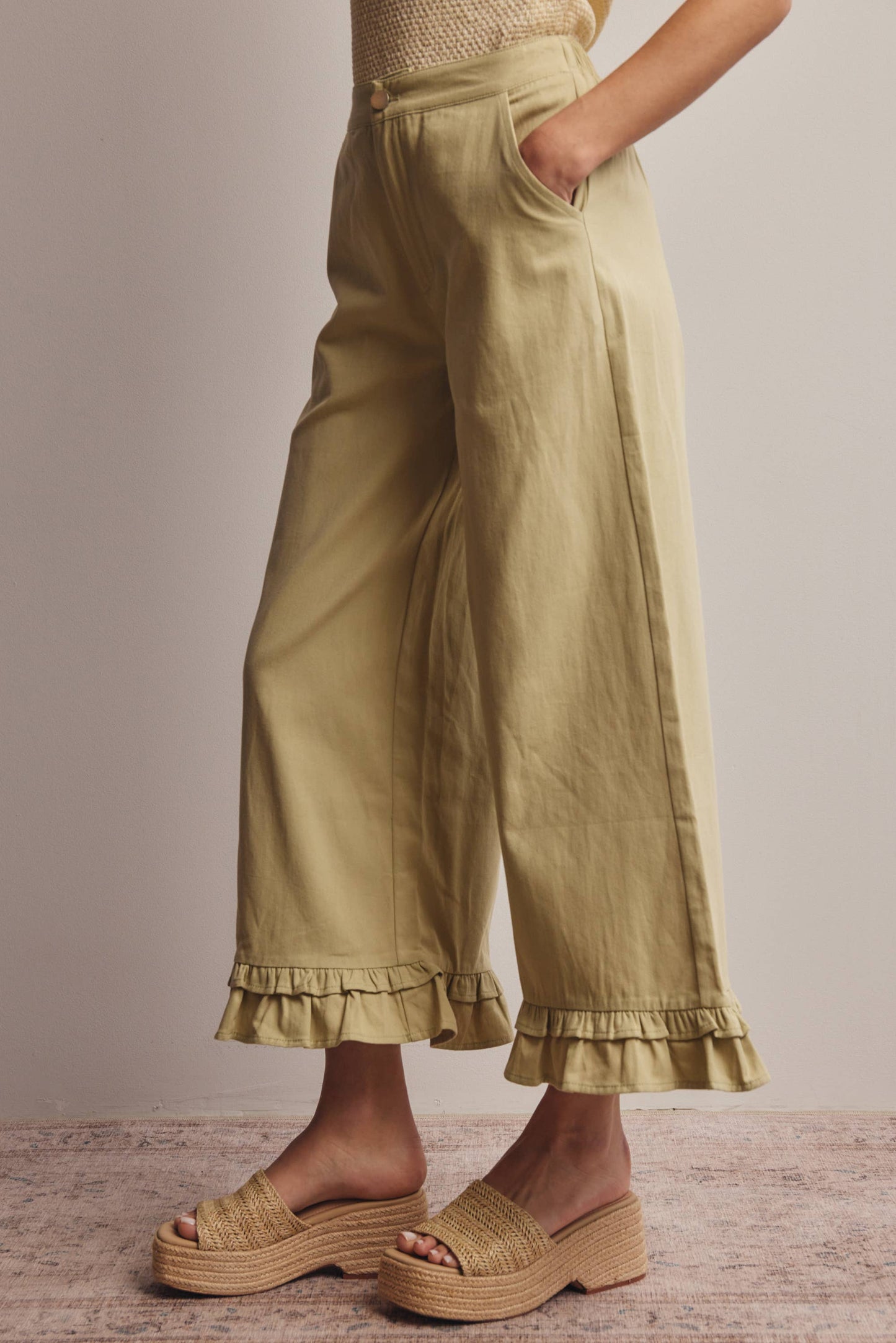 Ruffle Hem Wide-Leg Pants