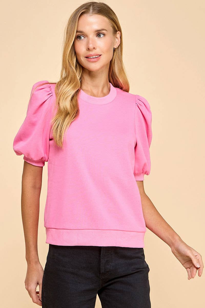 Crew Neck Short Puff Sleeves Knit Top