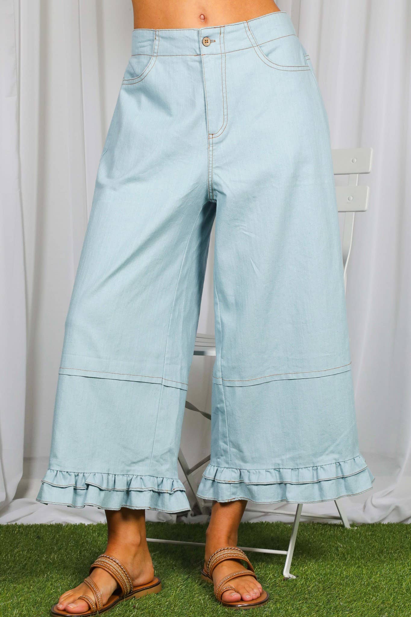 Casual Ruffle Hem Stone Wash Cropped Denim Pants
