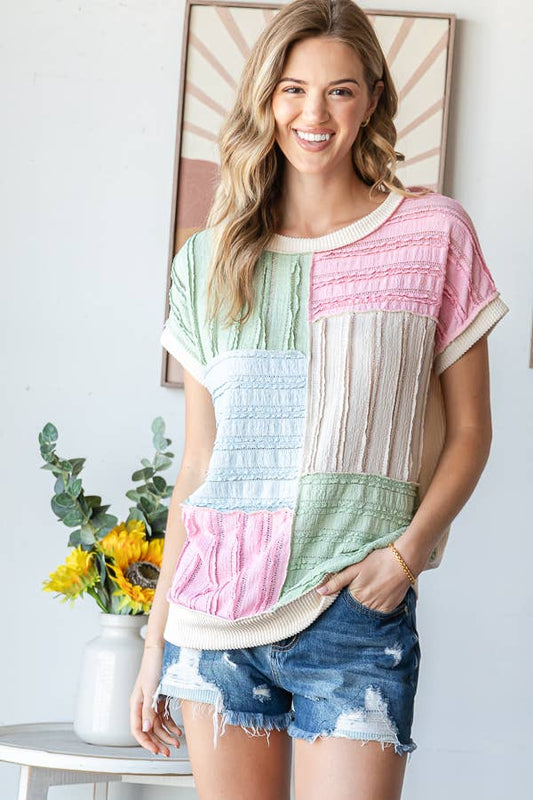 Color Block Textured Patchwork Short Sleeve Top