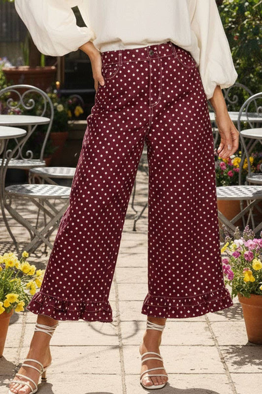 Delightful Polka Dot Casual Ruffle Hem Cropped Pants