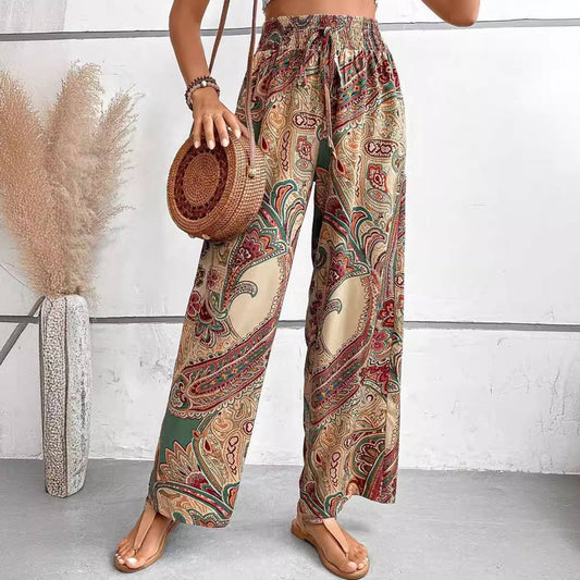 ALL-IN-ONE PRINTED ELASTIC-WAISTED WIDE-LEG PANTS